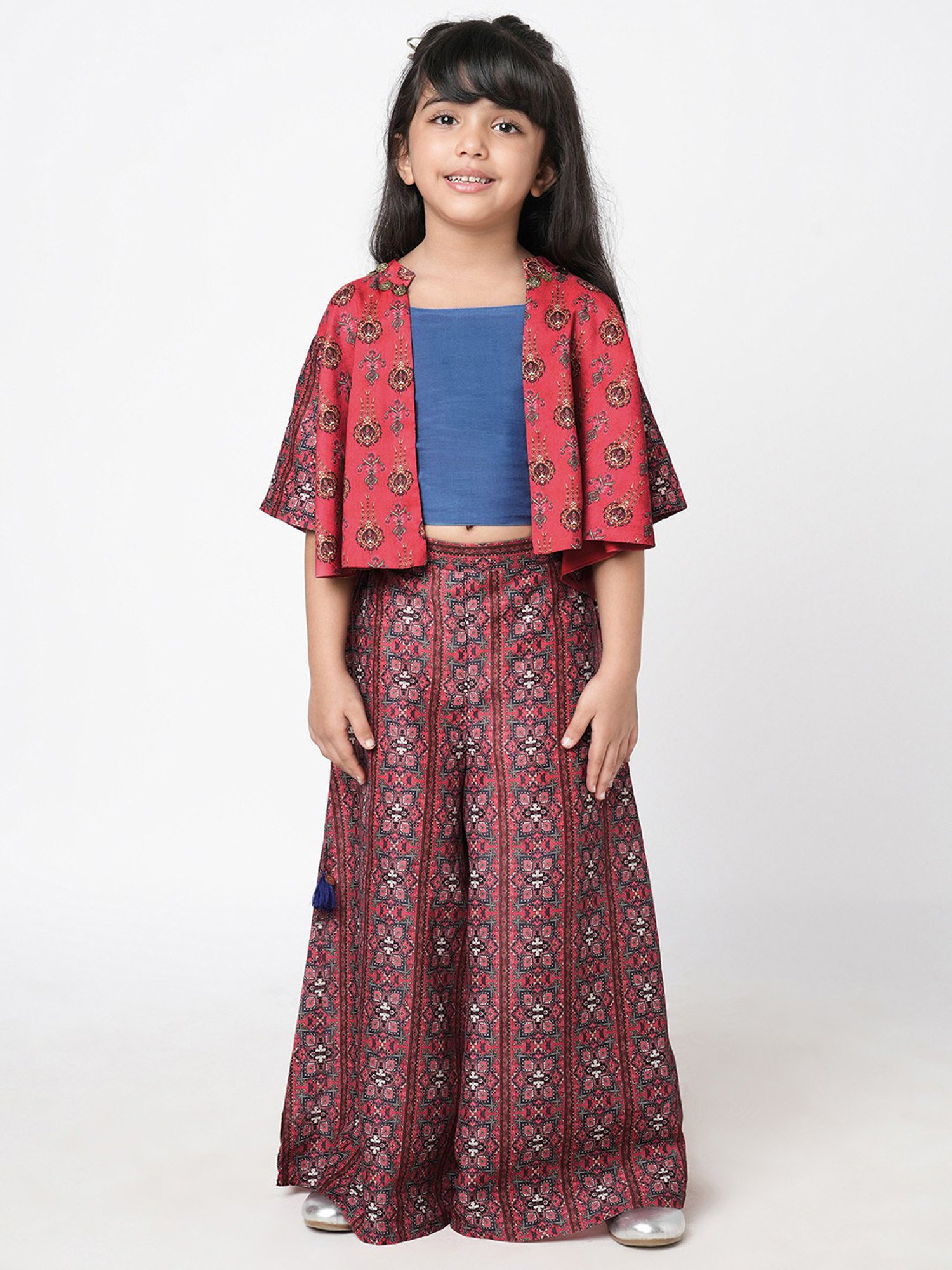 Lil Drama Kids Red & Navy Floral Print Top, Plazzos with Jacket
