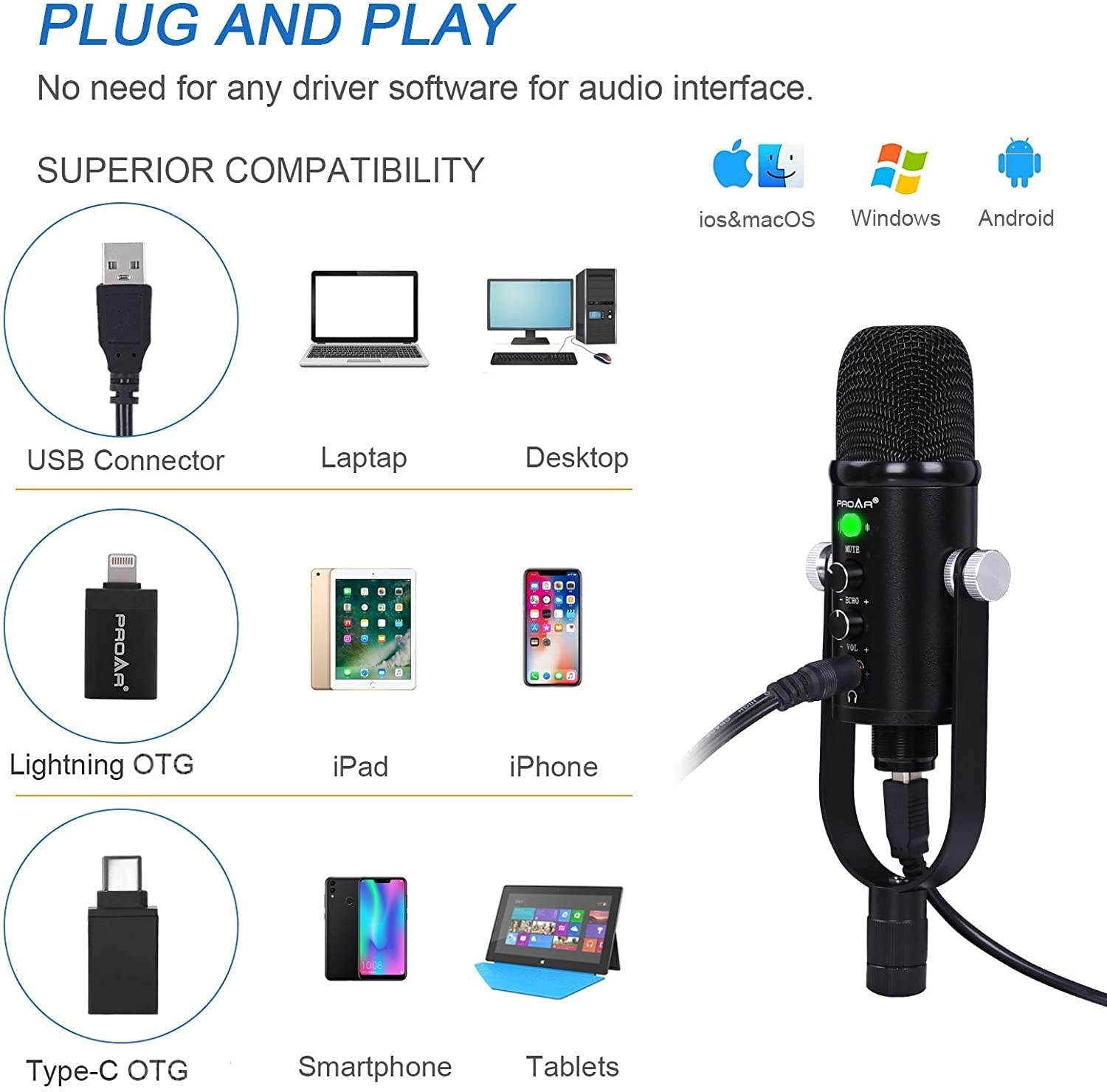 Gaming Microphone, Professional USB Condenser Microphone kit for Mac/PC/Smartphone, Low Noise Microphone with Mute Key for YouTube, Recording, Podcast, Streaming, Metal Mic with Upgraded Stand