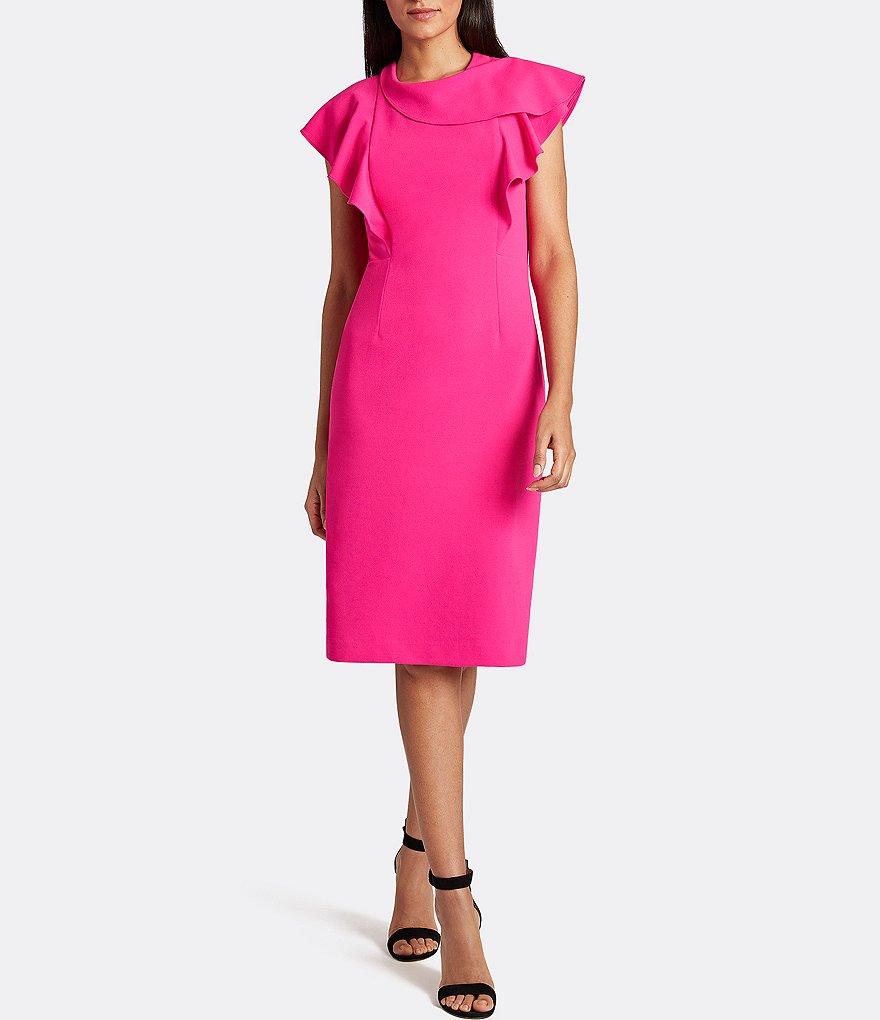 Tahari ASL Ruffle Stretch Crepe Jewel Neck Short Flutter Sleeve Sheath Dress