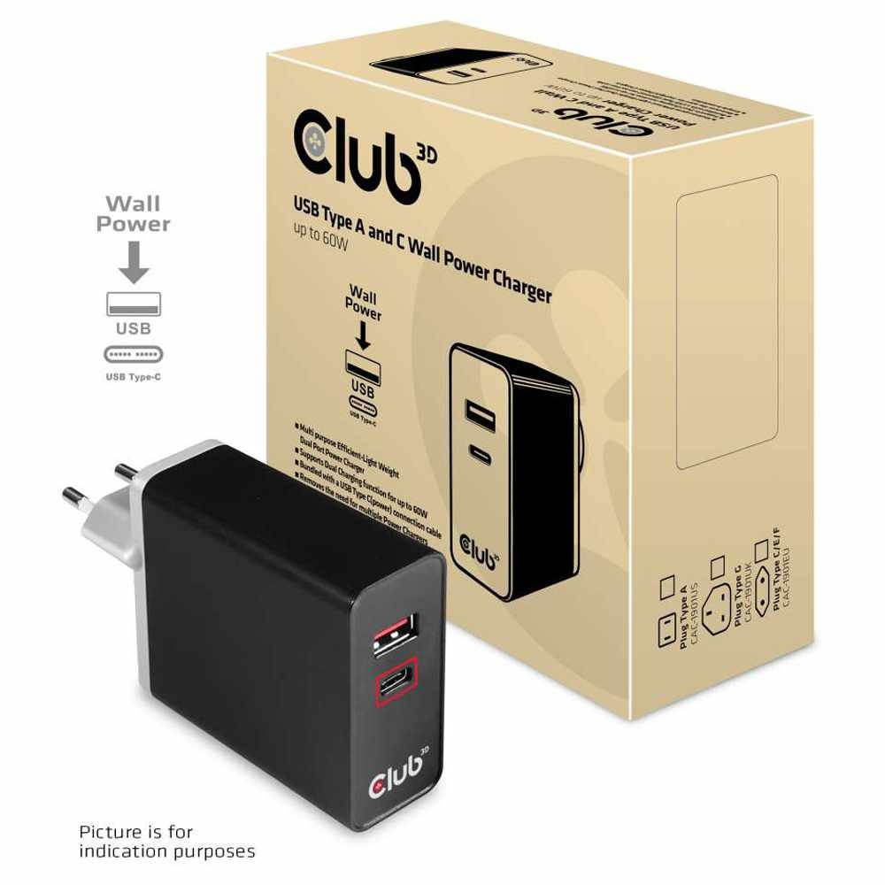 Club3D CAC-1902 USB Type A and C Wall Power Charger up to 60W