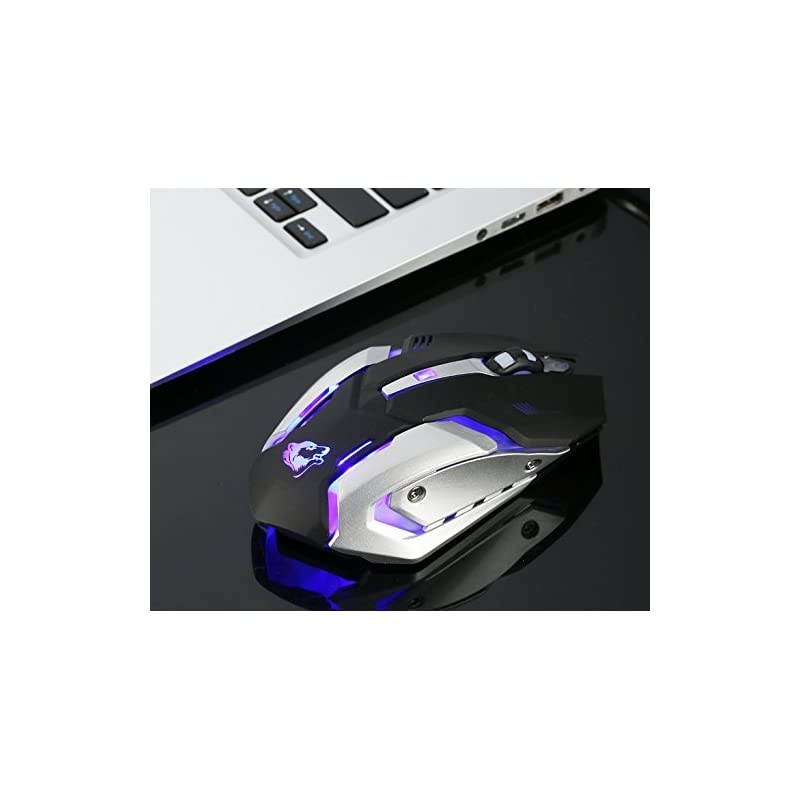 Wireless Rechargeable Gaming Mouse - USB Optical Mice with Silence Click, 3 Adjustable DPI, 6 Buttons, 7 Changing Breathing Backlight - GM07 Black