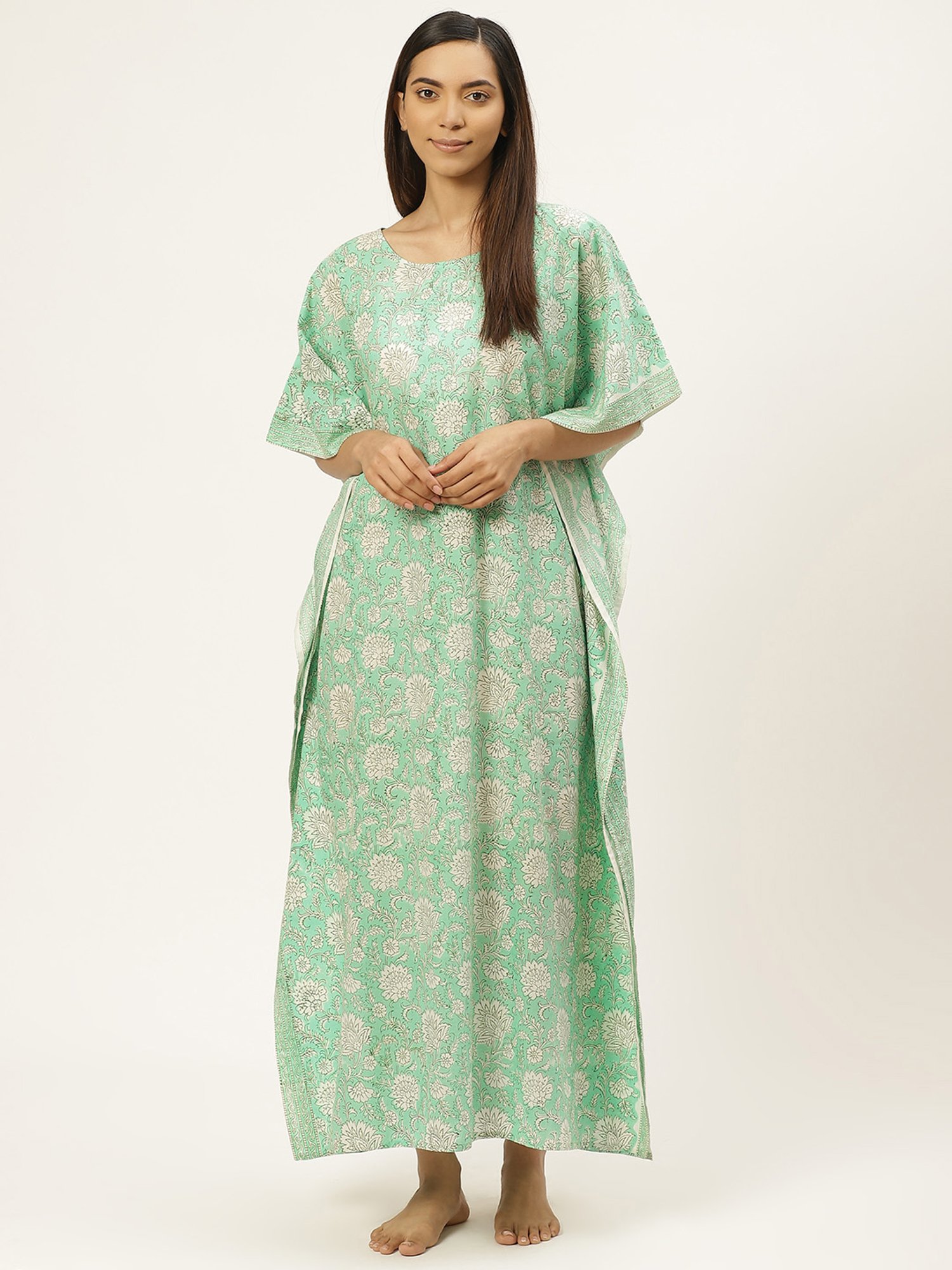 Prakrti Green Cotton Printed Kaftan