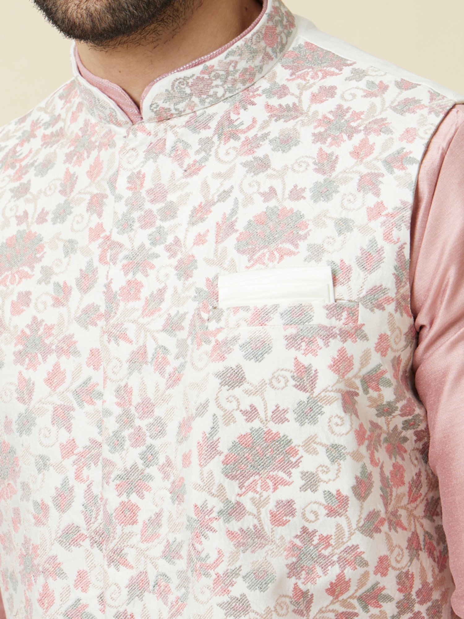 Manyavar White Regular Fit Printed Nehru Jacket