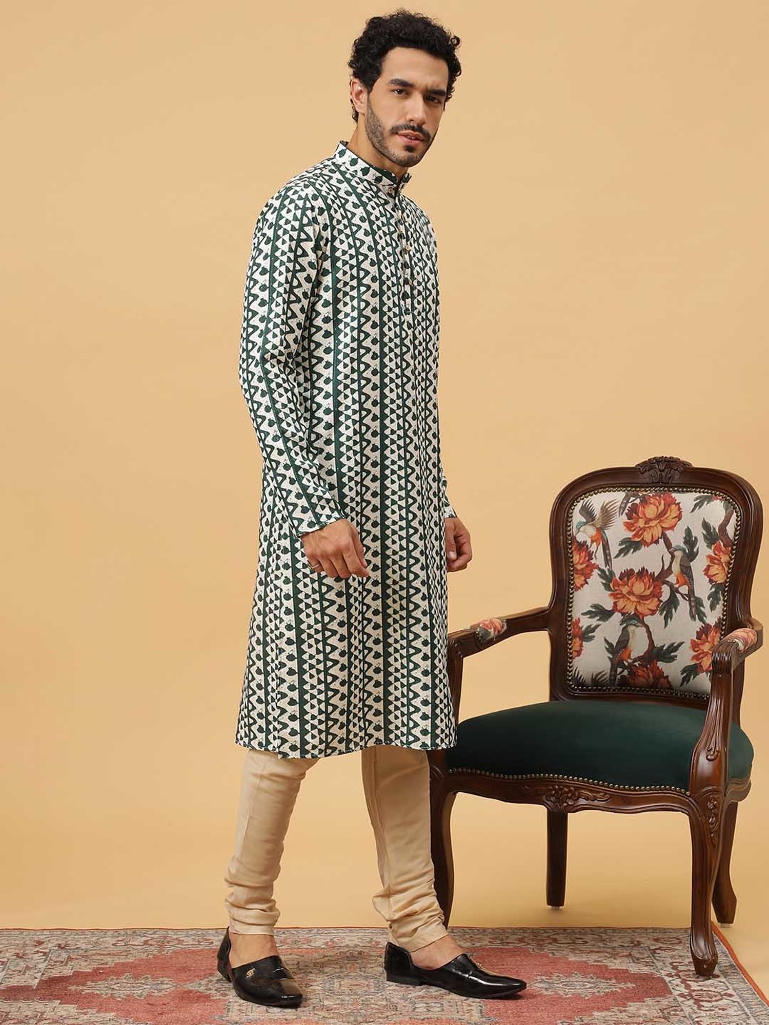 TABARD Green & Beige Regular Fit Embroidered Kurta & Churidar Set