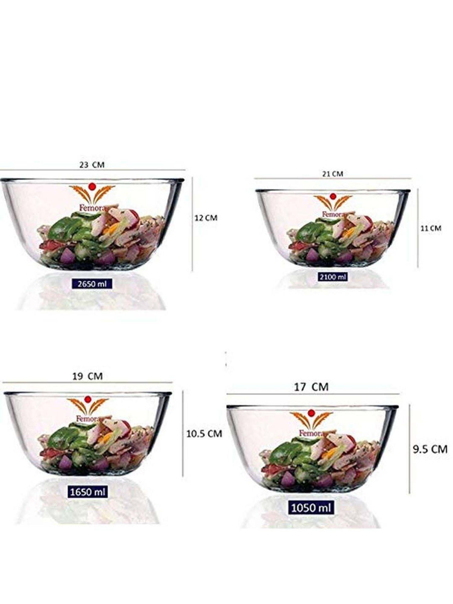 Femora Borosilicate Glass Mixing Bowls (2650 ml, 2100 ml, 1650 ml & 1050 ml) - Set of 4