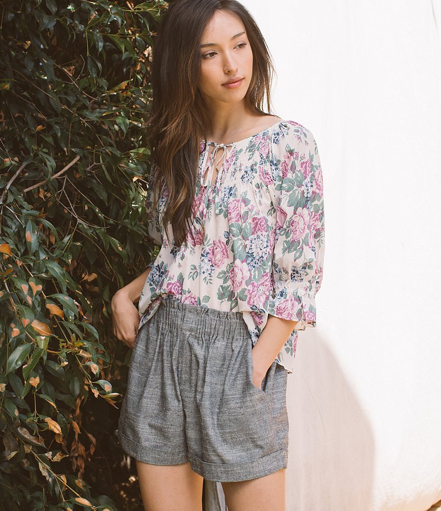 Shabby Chic Primrose Tie Detail Notch Neck 3/4 Sleeves Peasant Top