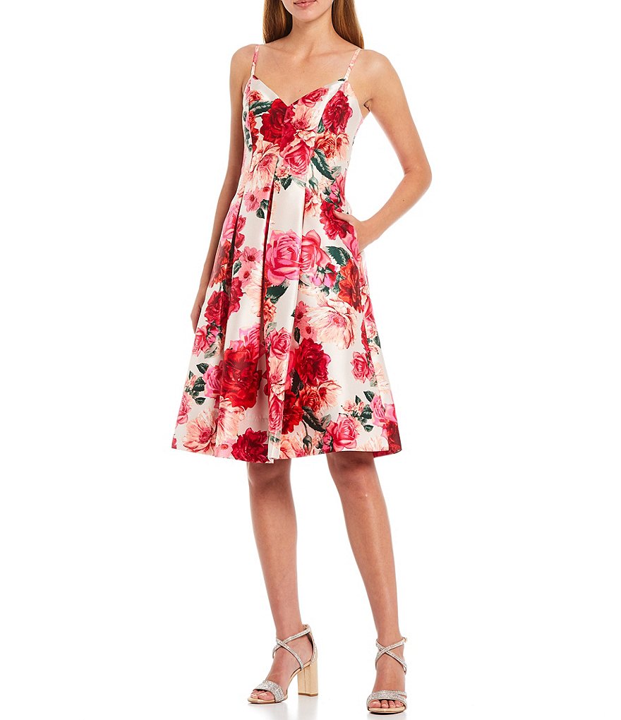 Eliza J Floral Mikado V-Neck Fit and Flare Sleeveless Dress