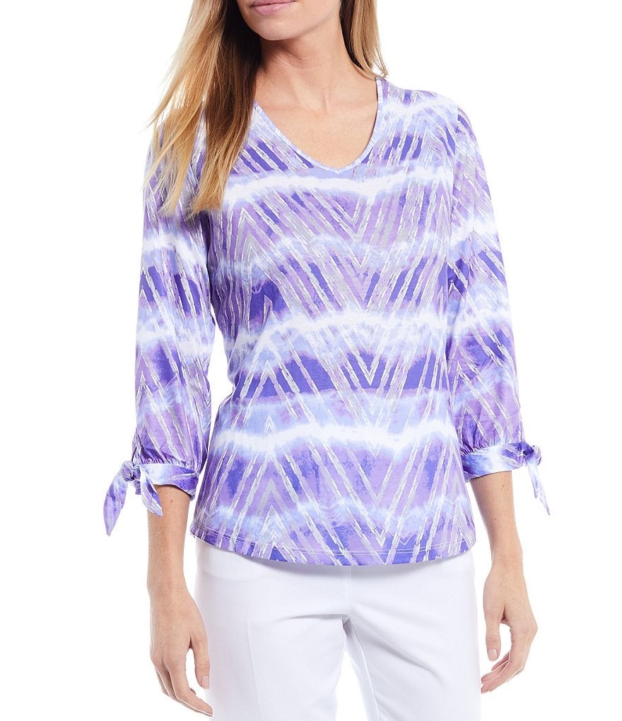 Allison Daley Watercolor Zig Zag Print Knit Jersey V-Neck 3/4 Tie sleeve Top
