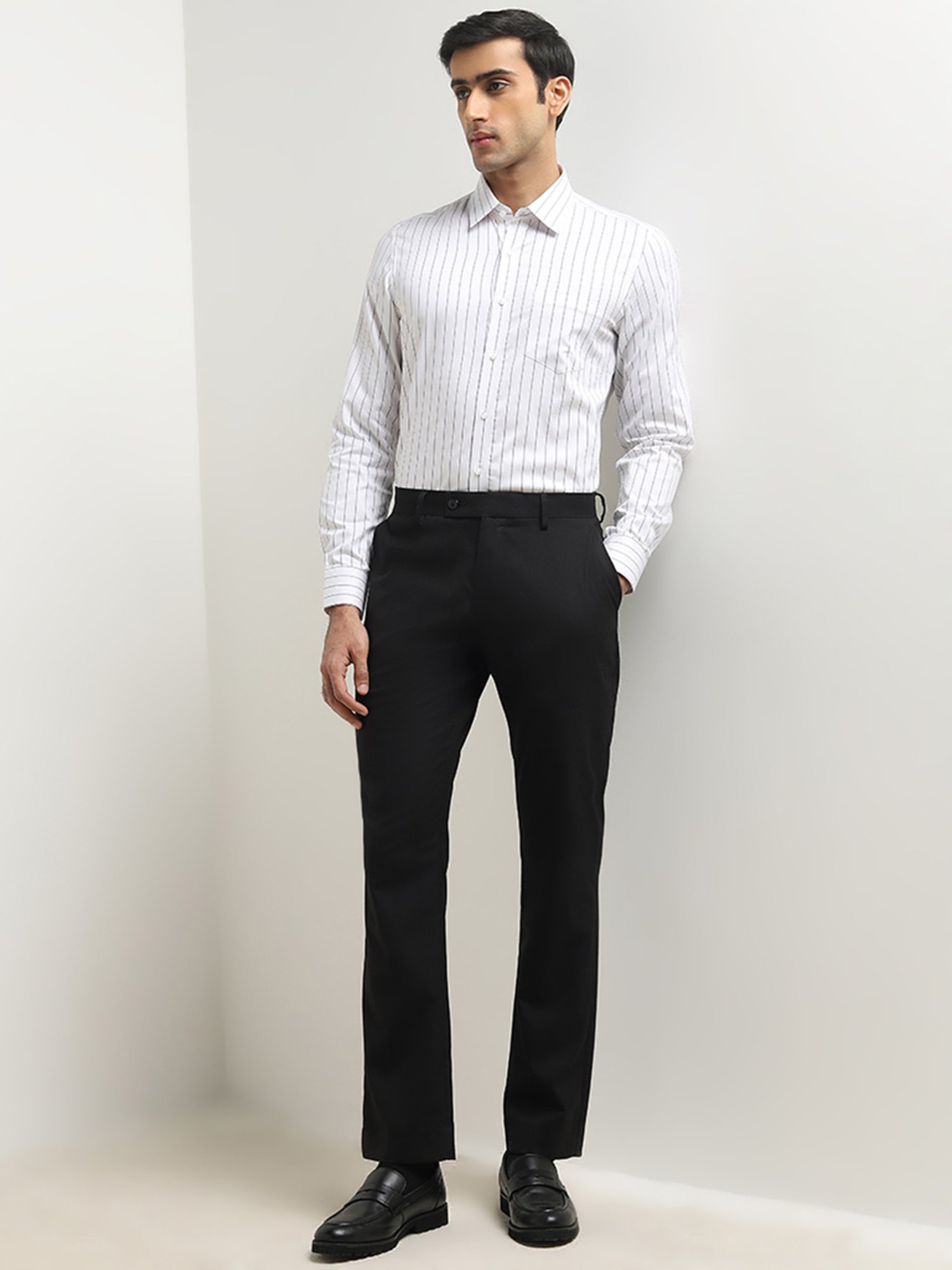 WES Formals by Westside White Stripe Patterned Slim-Fit Cotton Shirt