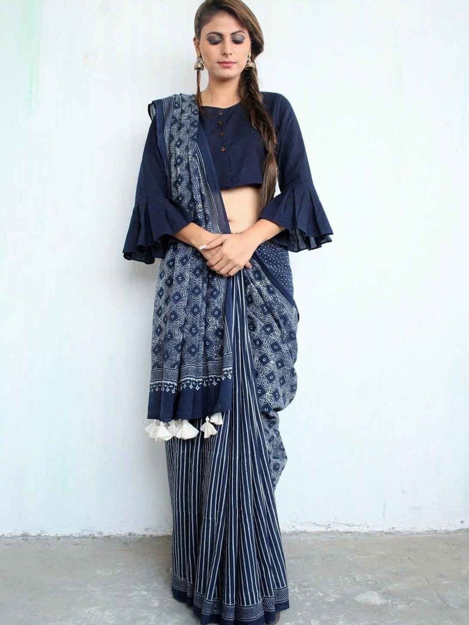 Chidiyaa Blue Block Printed Cotton Mul Saree