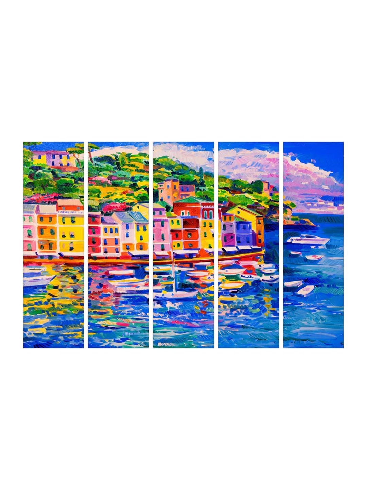 999Store Blue Modern City and Boat in Lake Art 5 Frame MDF Paintings