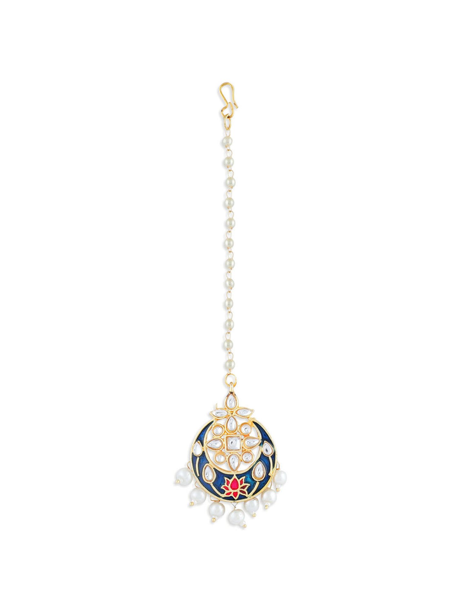 Fida Kundan Pearls Blue Pink Enamelled Floral Crescent Mangtikka for Women