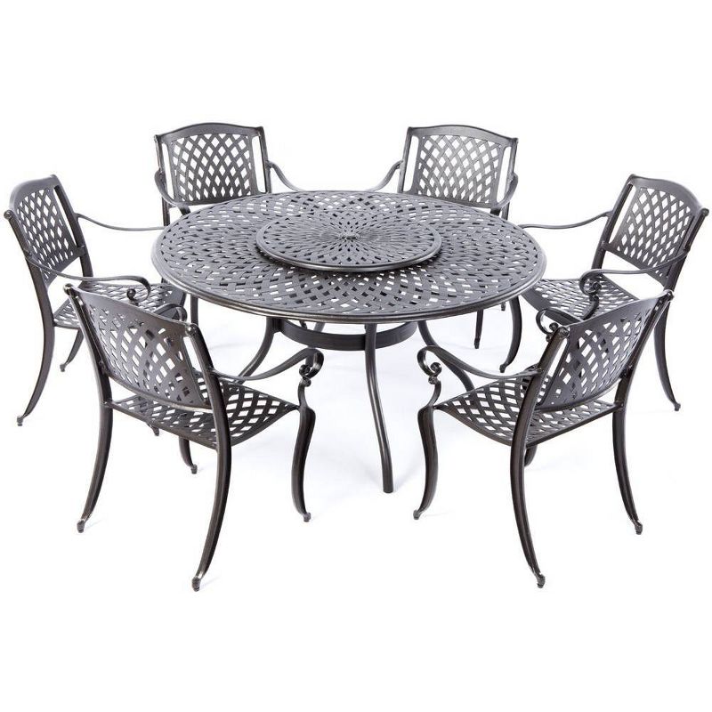 Westbury 7pc Cast Aluminum Dining Set with Umbrella Hole Round Table & 6 Stackable Arm Chairs - Alfesco Home
