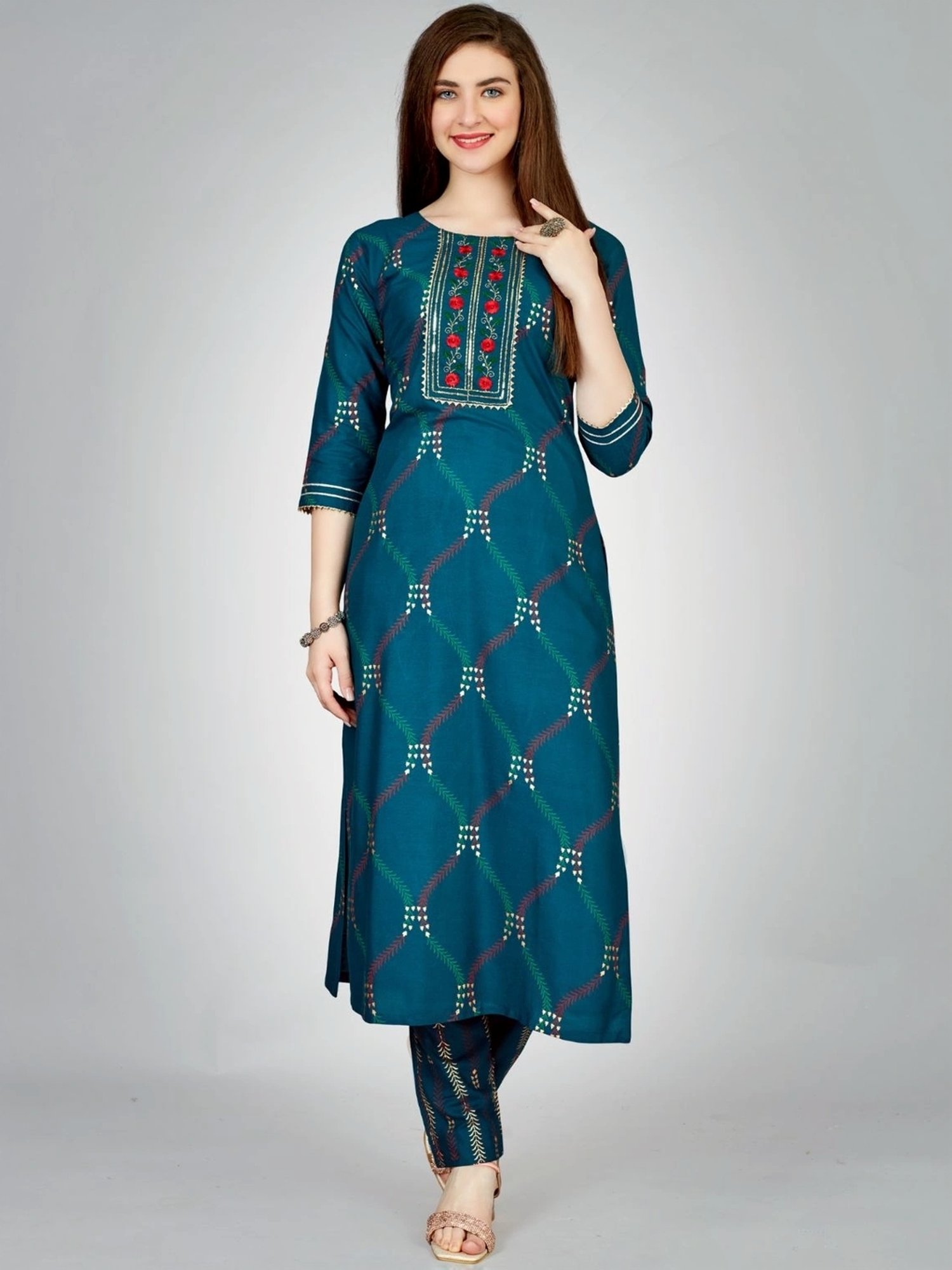 Odette Blue Embroidered Kurta Pant Set