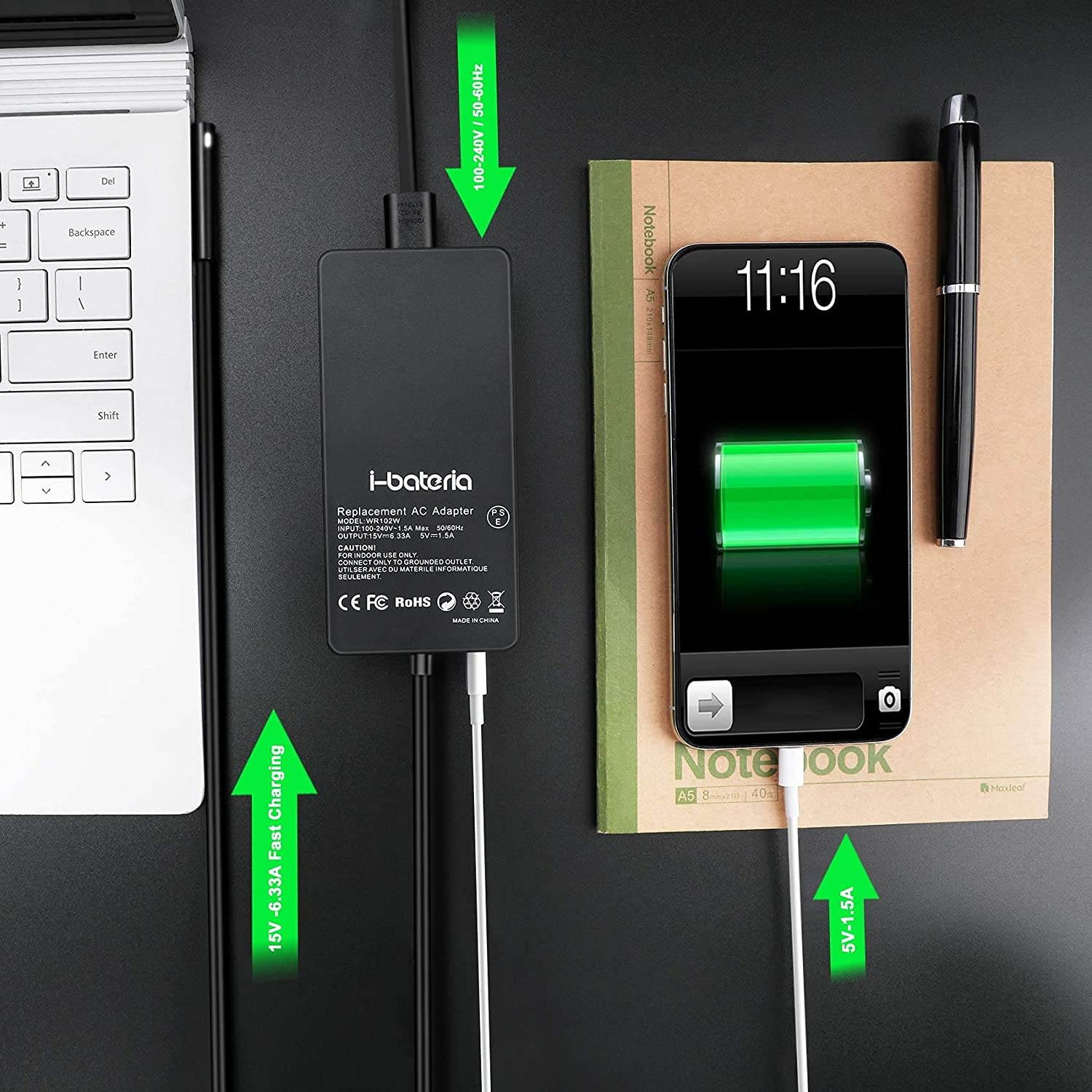 102W Surface Book 2 Charger, i-Bateria Power Supply Adapter Compatible with Surface Book/Book 2, Microsoft Surface Pro 7/6/ 5/4/ 3/ X, Surface Laptop 1/2/ 3, Surface Go/Go 2