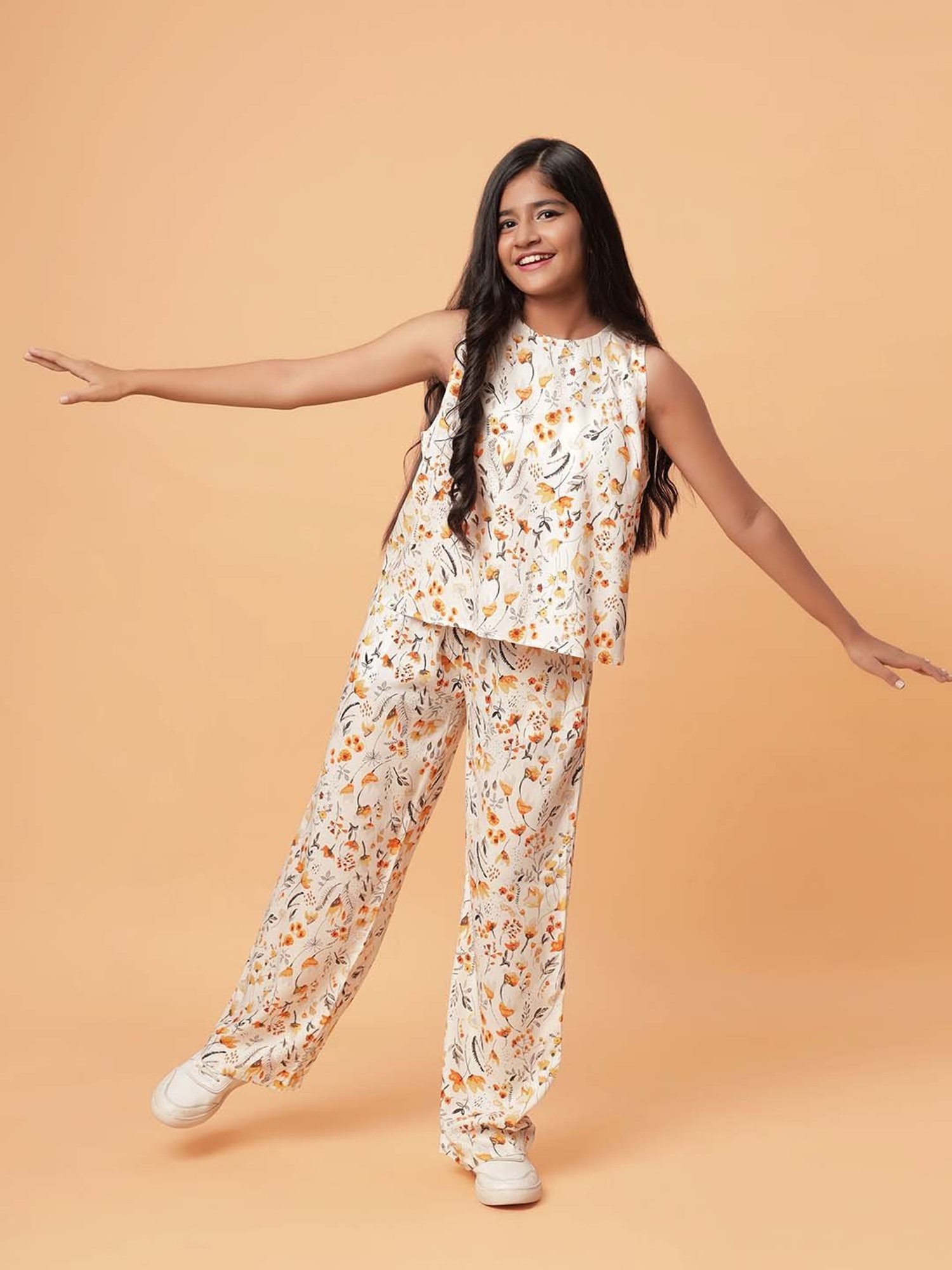 TeenTrums Kids White & Yellow Floral Print Top Set