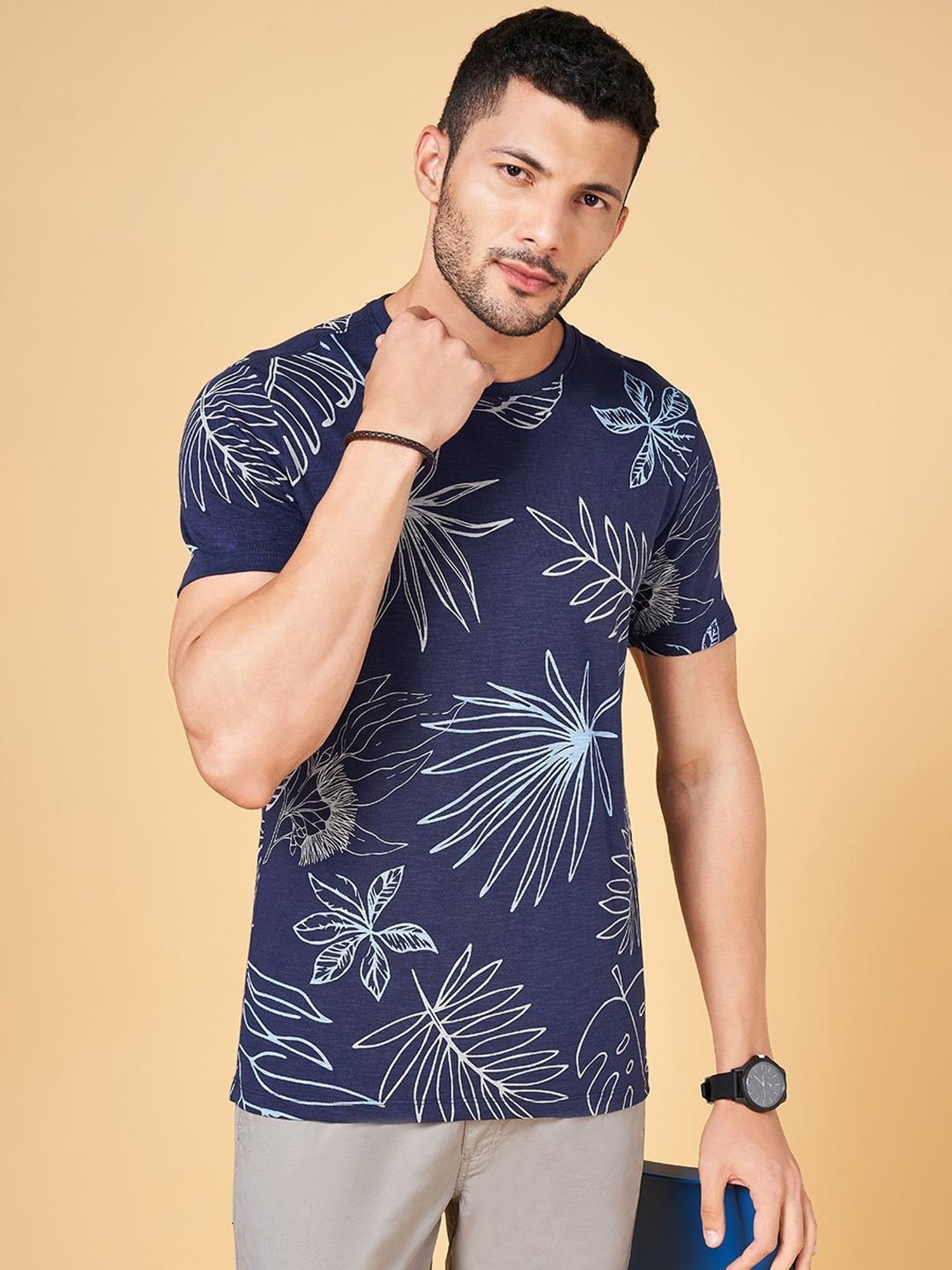 Urban Ranger by Pantaloons Navy Cotton Slim Fit Printed T-Shirt