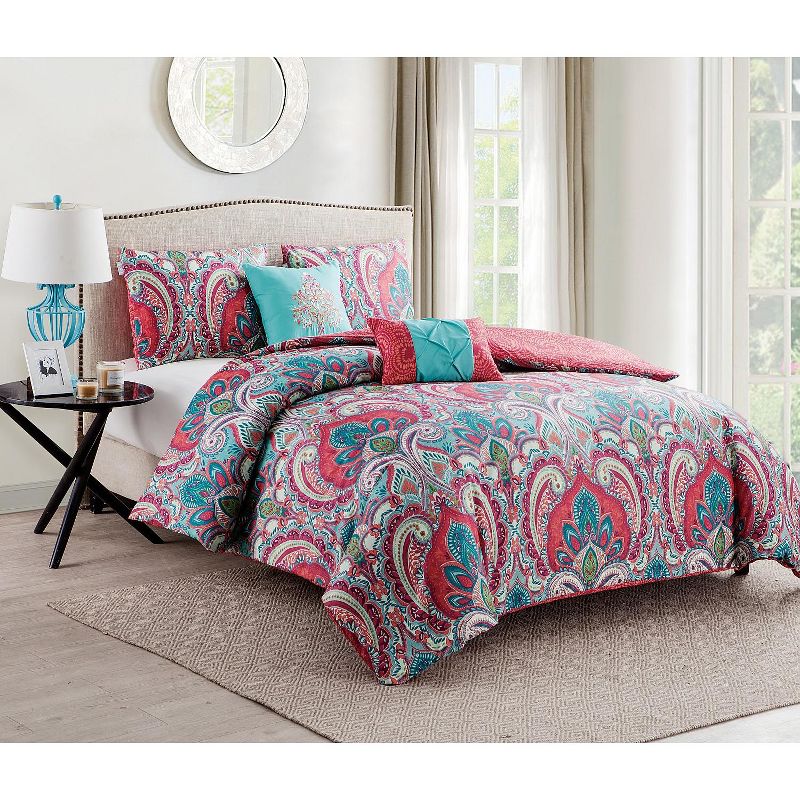 VCNY Home Casa Re'al Coral/Aqua Reversible Duvet Cover Set - Multicolored 4 Piece Twin - Twin XL