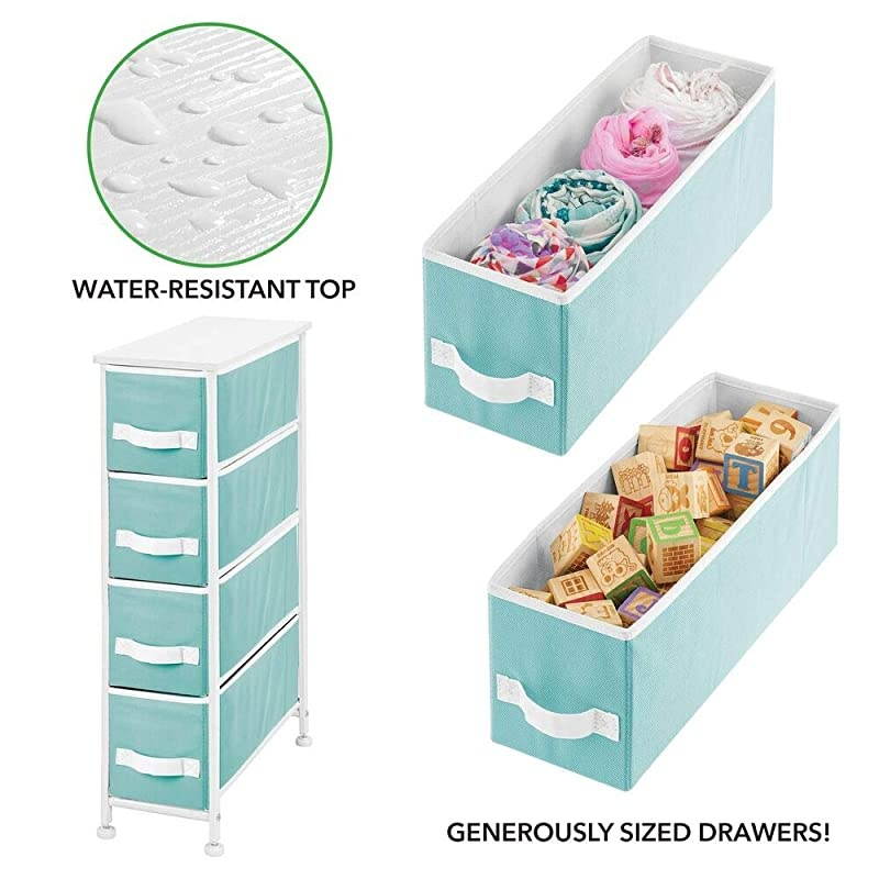 Narrow Vertical Dresser Storage Tower - Sturdy Metal Frame, Wood Top, Easy Pull Fabric Bins - Organizer Unit for Bedroom, Hallway, Entryway, Closet, 4 Drawers - Turquoise/White