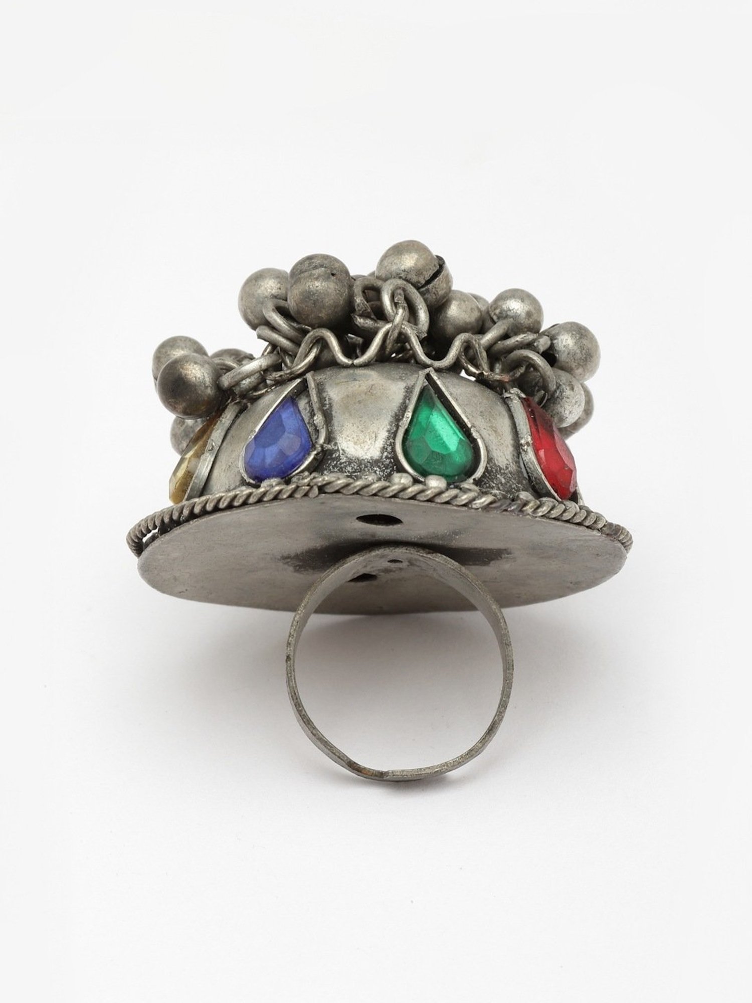 Moedbuille Stones & Ghungroo Studded Antique Design Oxidised Silver Plated Finger Ring