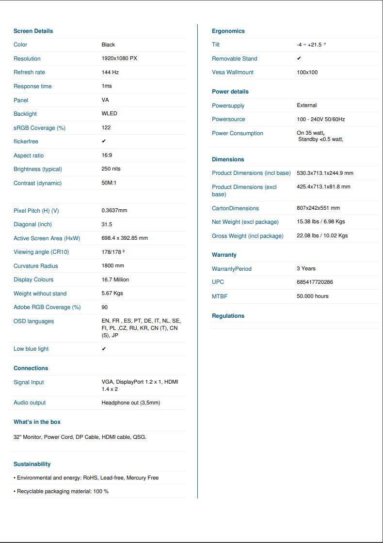 AOC C32G1 32" Curved Frameless Gaming Monitor, FHD 1920x1080, VA Panel, 1ms MPRT, 144Hz, FreeSync, DisplayPort/HDMI/VGA, VESA