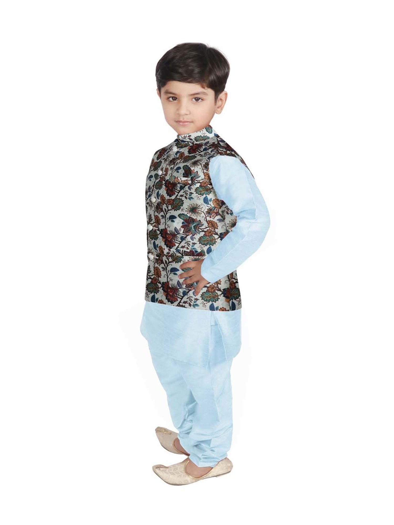 SG Yuvraj Kids Grey & Blue Floral Print Full Sleeves Kurta Set
