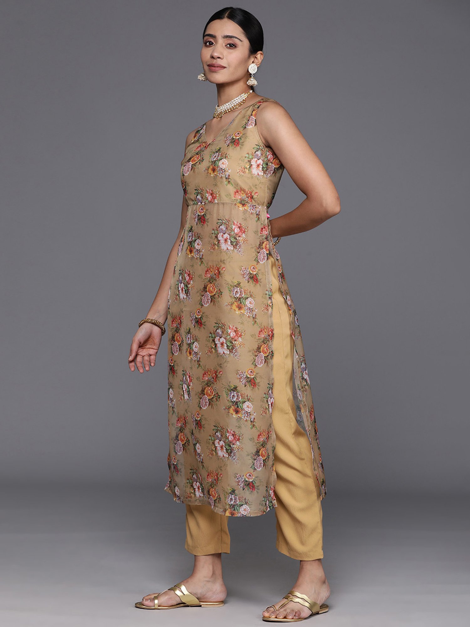 Varanga Beige Printed Kurta Pant Set
