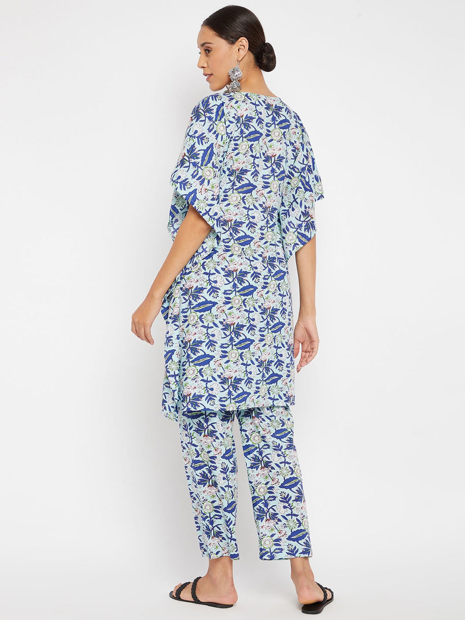 PANIT Blue Printed Cotton Kaftan Kurta Pant Set