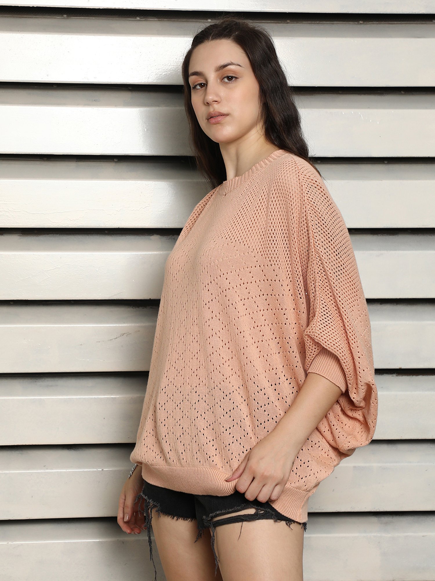 High Star Orange Cotton Self Design Top