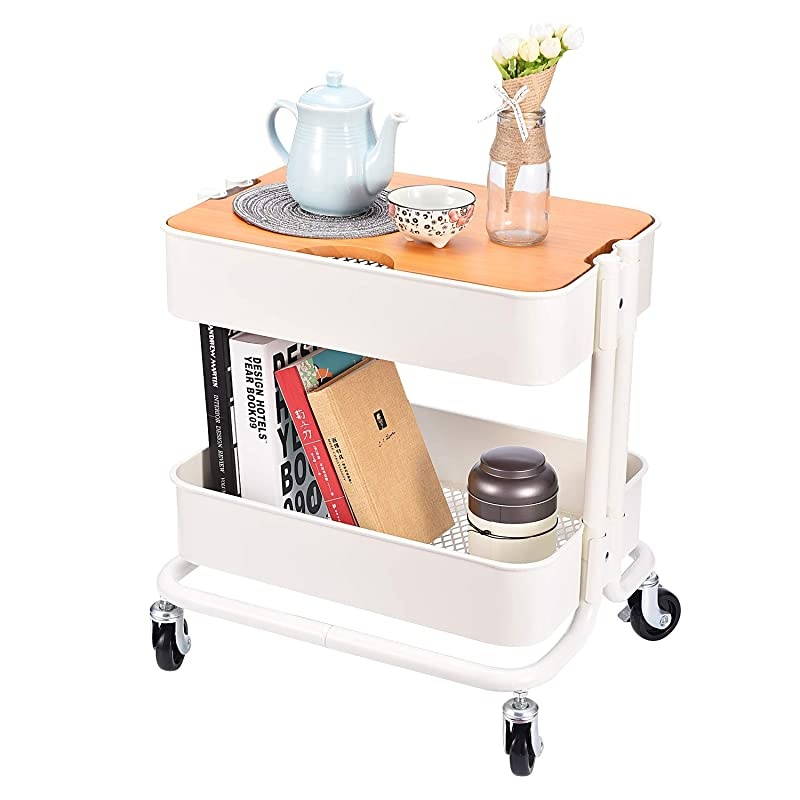 Metal Utility Rolling Cart Storage Side End Table with Cover Board for Office Home Kitchen Organization, Cream White