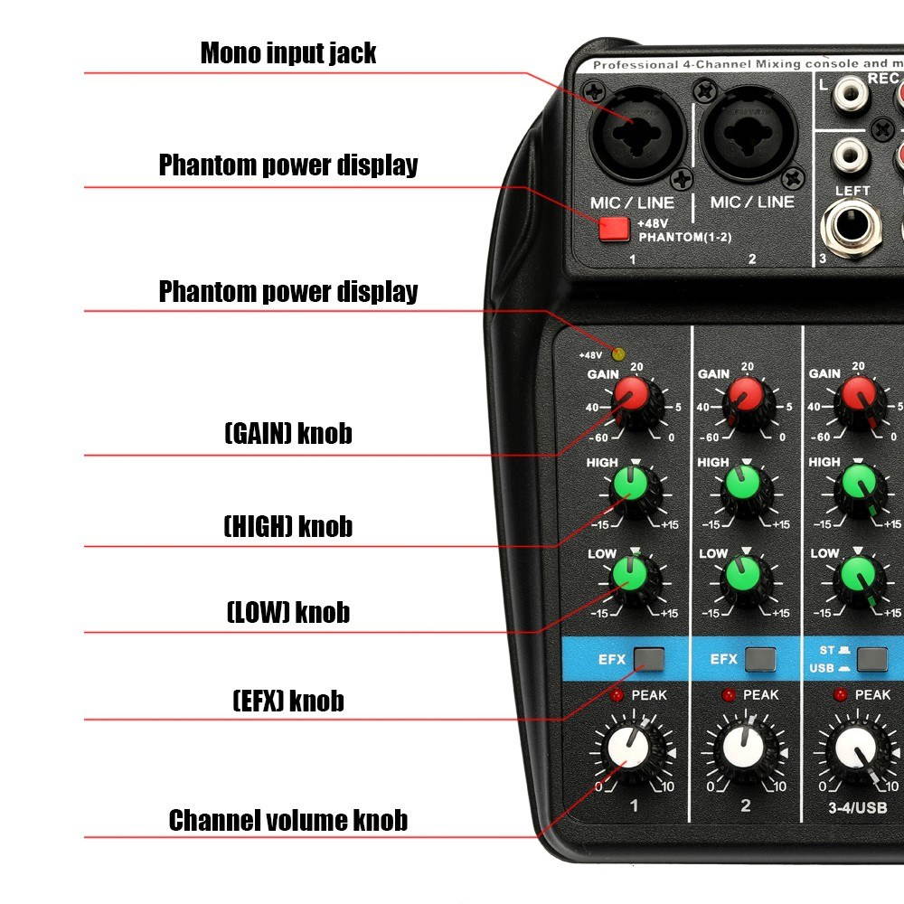 TU04 BT Sound Mixing Console Record 48V Phantom Power Monitor AUX Paths Plus Effects 4 Channels Audio Mixer with USB