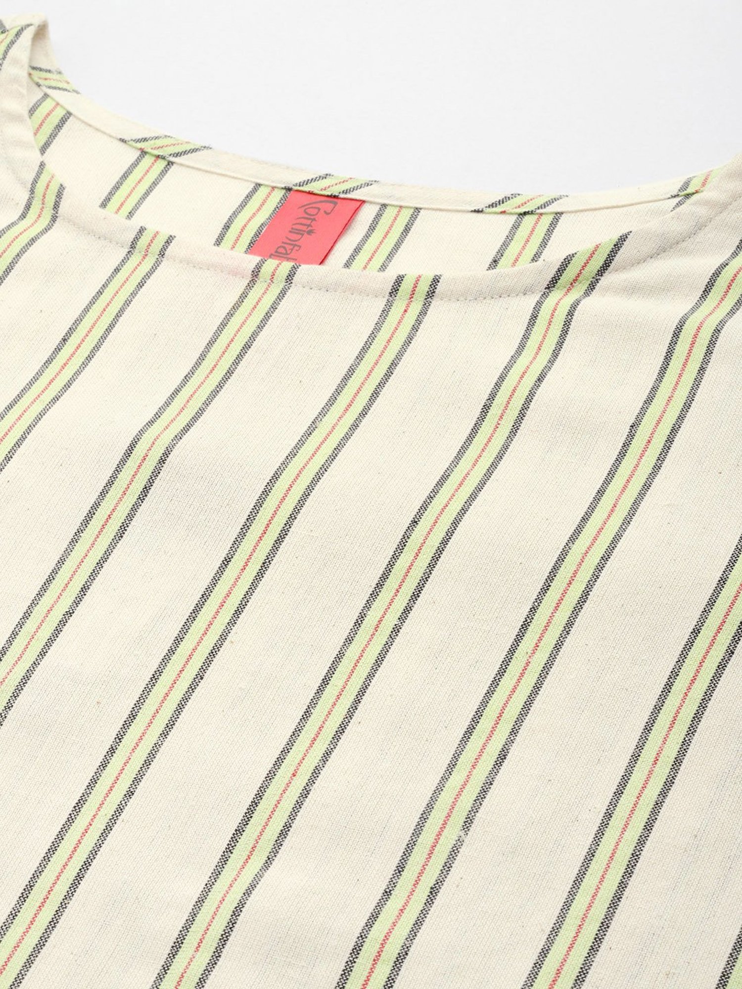 Cottinfab White & Green Cotton Striped Top