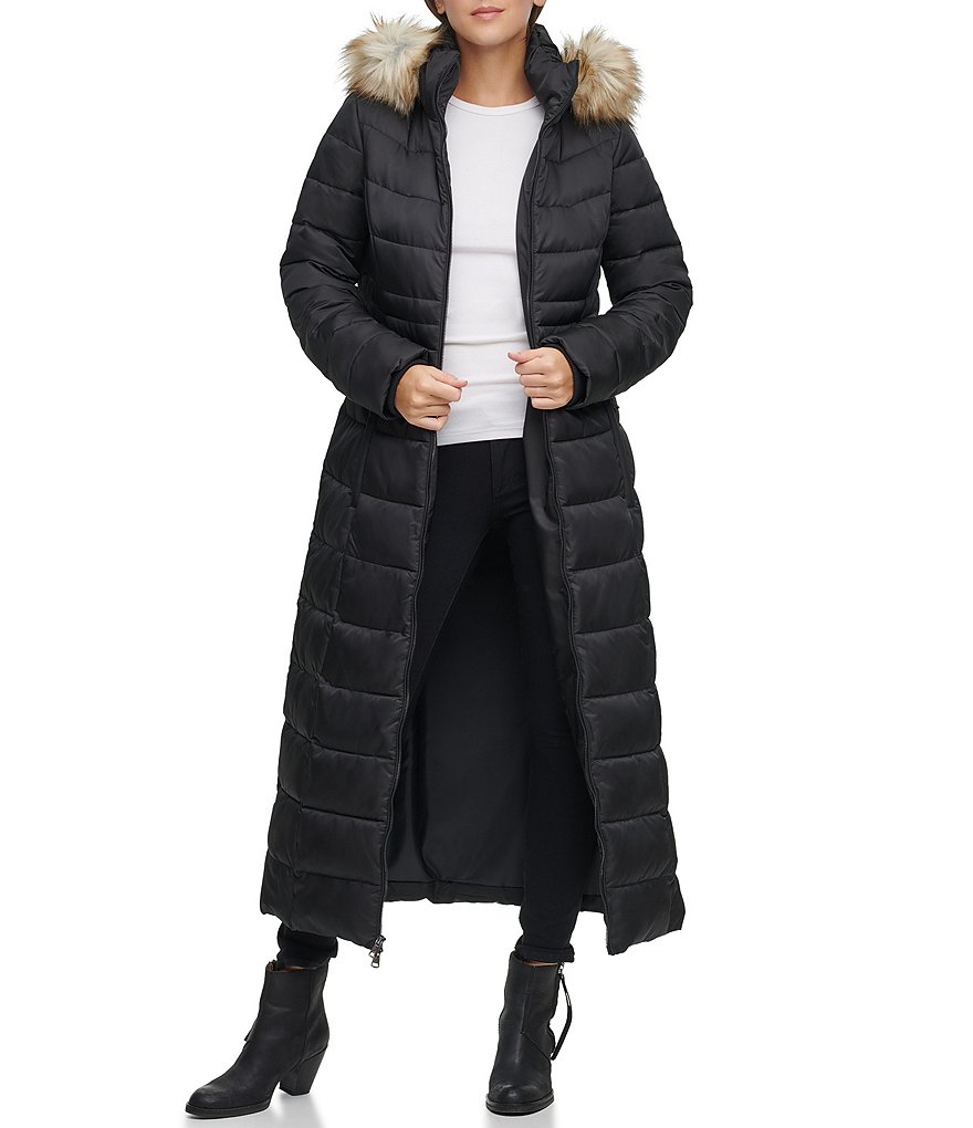 Kenneth Cole New York Faux Fur Trim Hooded Maxi Down Puffer Coat