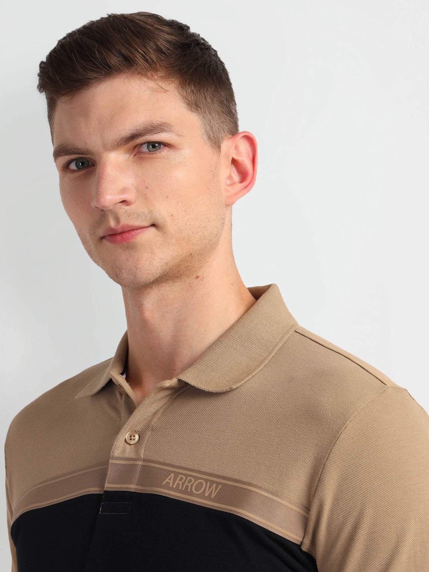 Arrow Sports Black Cotton Regular Fit Colour Block Polo T-Shirt