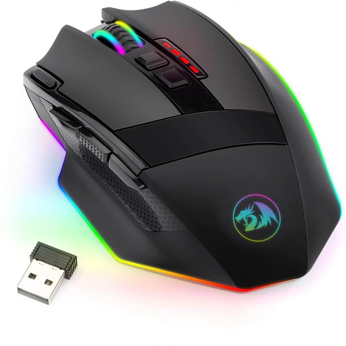 Redragon M801 PC Gaming Mouse LED RGB Backlit MMO 9 Programmable Buttons Mouse with Macro Recording Side Buttons Rapid Fire Button for Windows Computer Gamer (Wireless, Black)