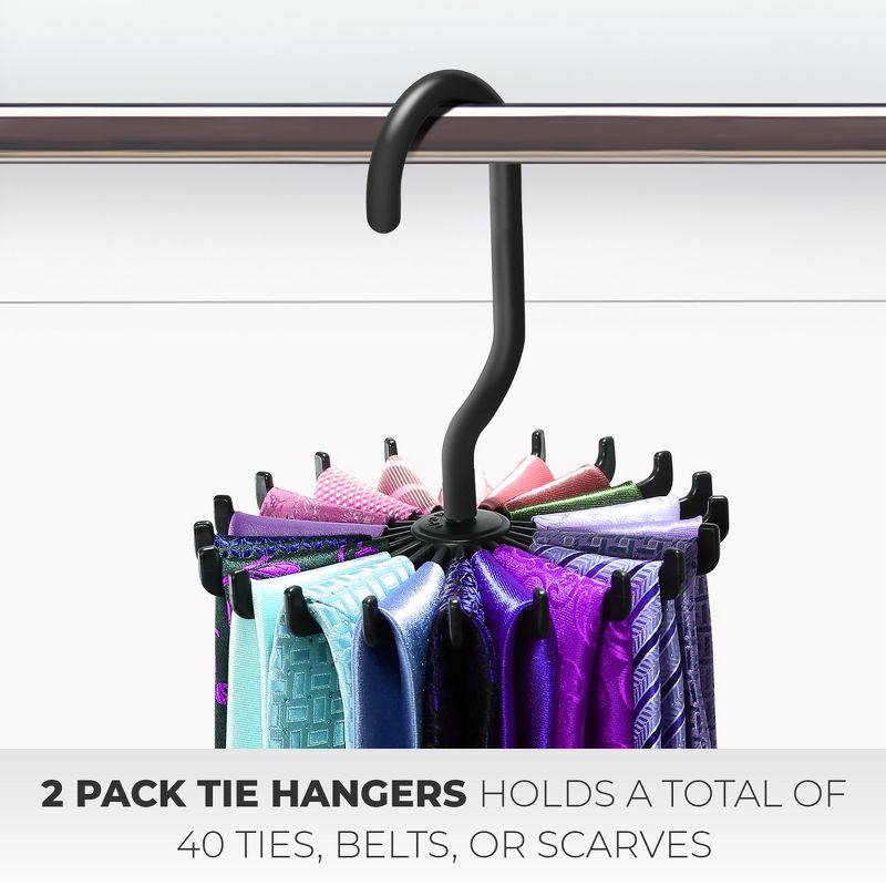 OSTO 2-Pack Black Tie Hanger; Each has 20 Hooks to Hang Ties, Belts, Scarves, and More; Convenient, Space-Saving Plastic Tie Rack with Hook