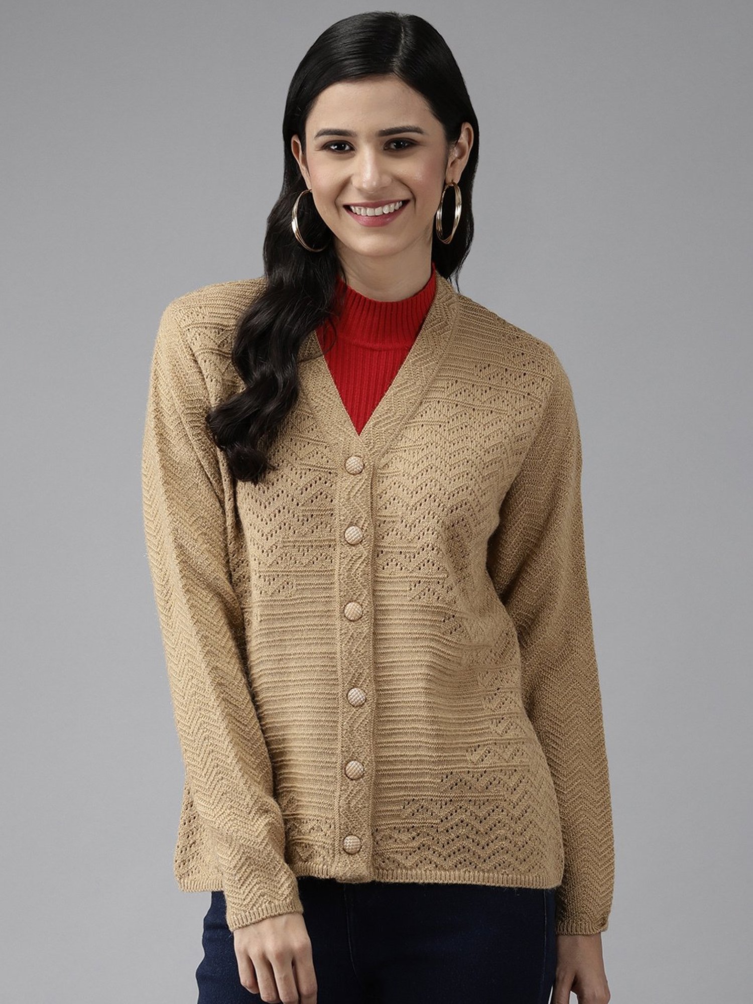 Cayman Beige Woolen Textured Cardigan