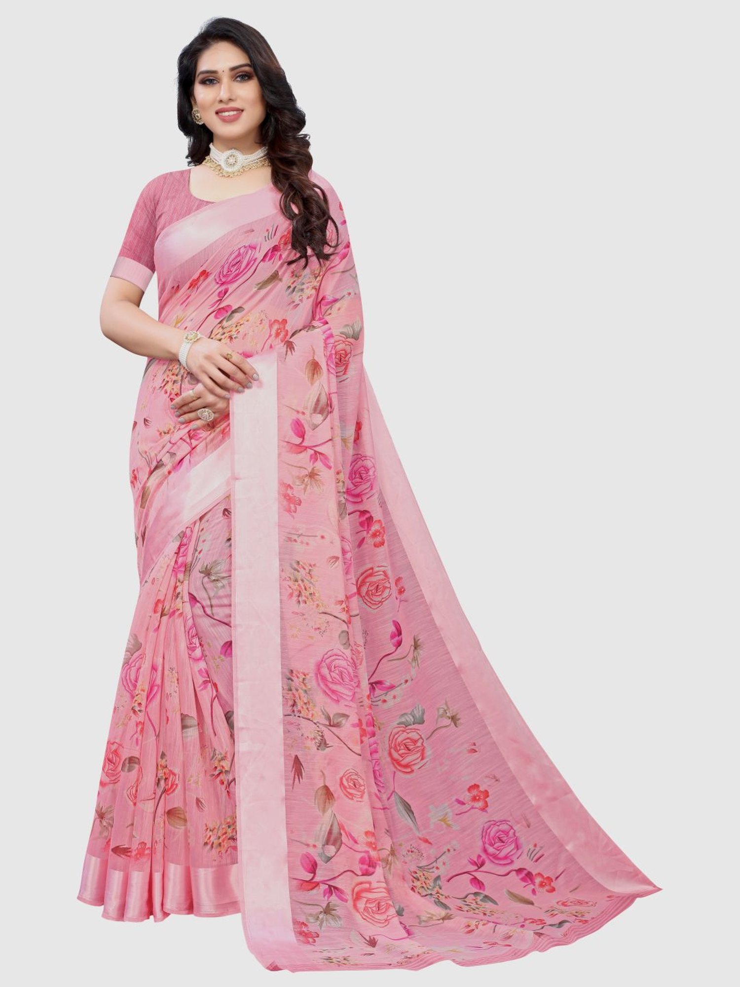 KSUT Pink Floral Print Saree With Unstitched Blouse
