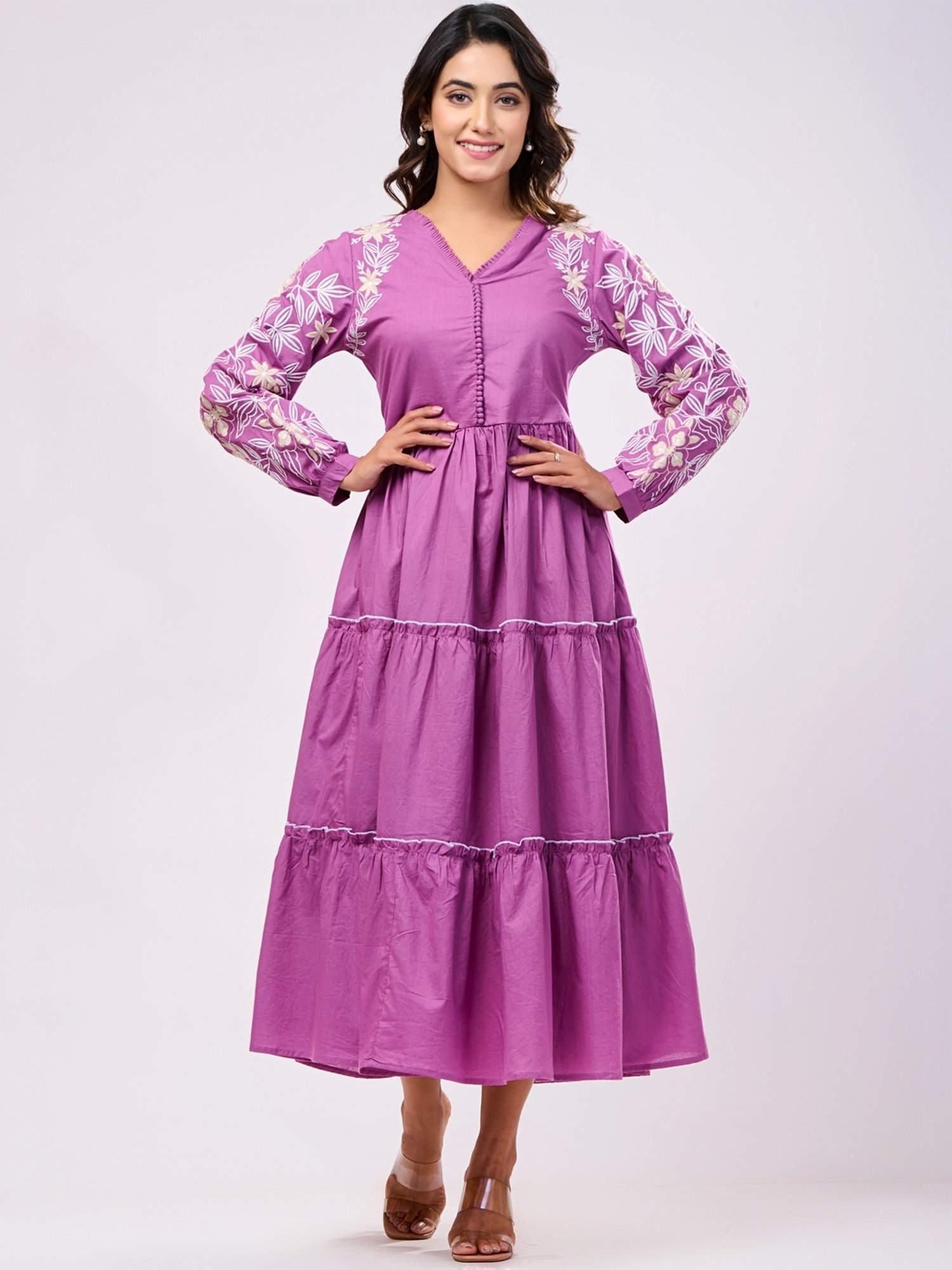 Zolo Label Purple Cotton Embroidered A-Line Dress