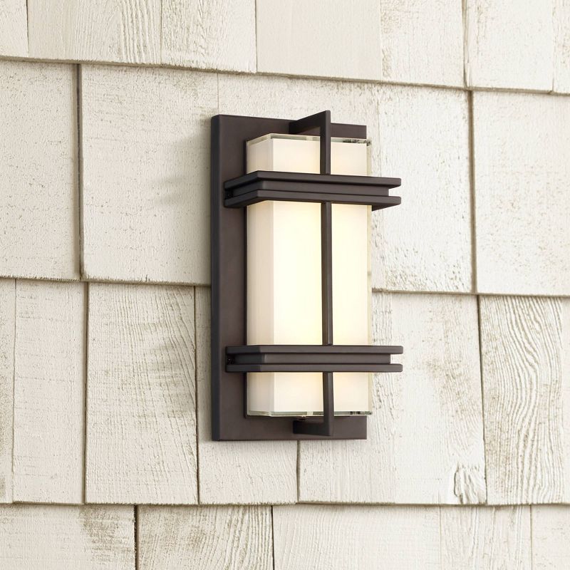 Possini Euro Design Modern Outdoor Wall Light Fixture LED Bronze Grid Segments 12" Frosted Glass for Exterior House Porch Patio