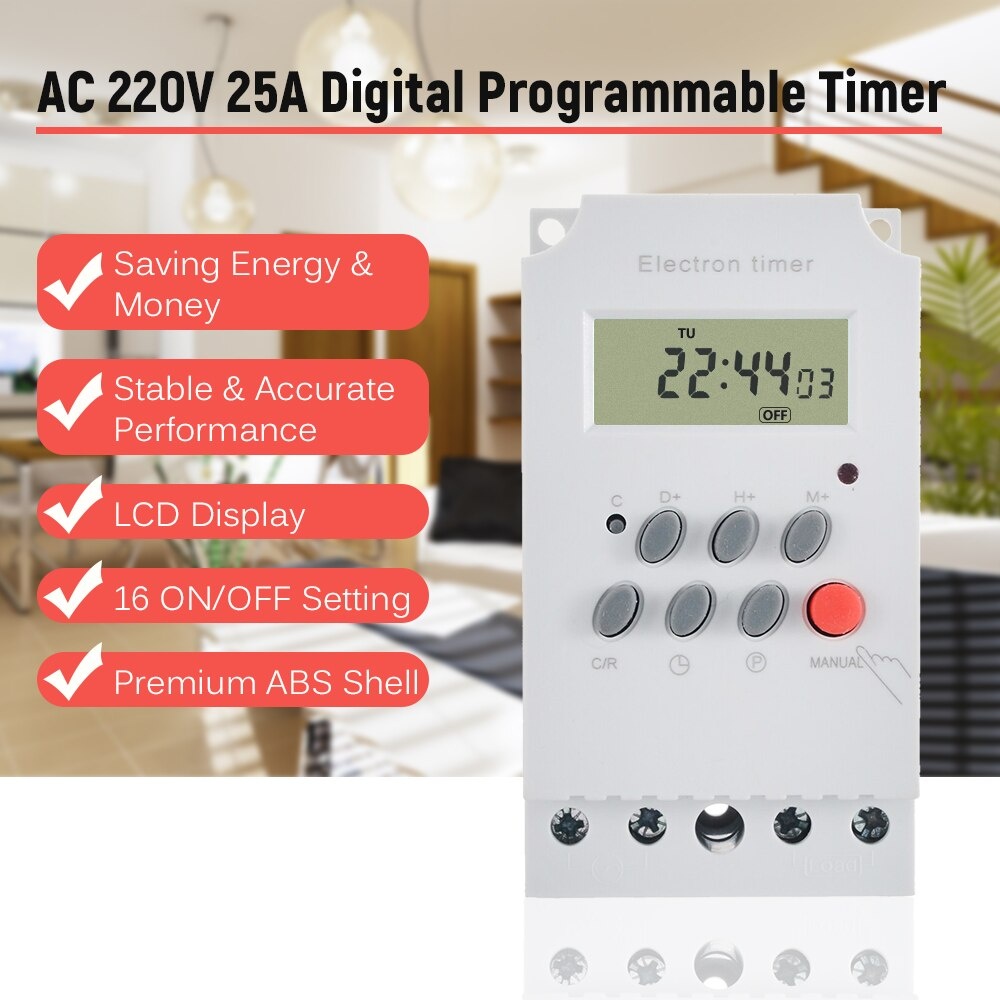 AC 220V 25A Digital Programmable Timer Din Rail Electronic Timer Time Switch Controller with  Display Clock