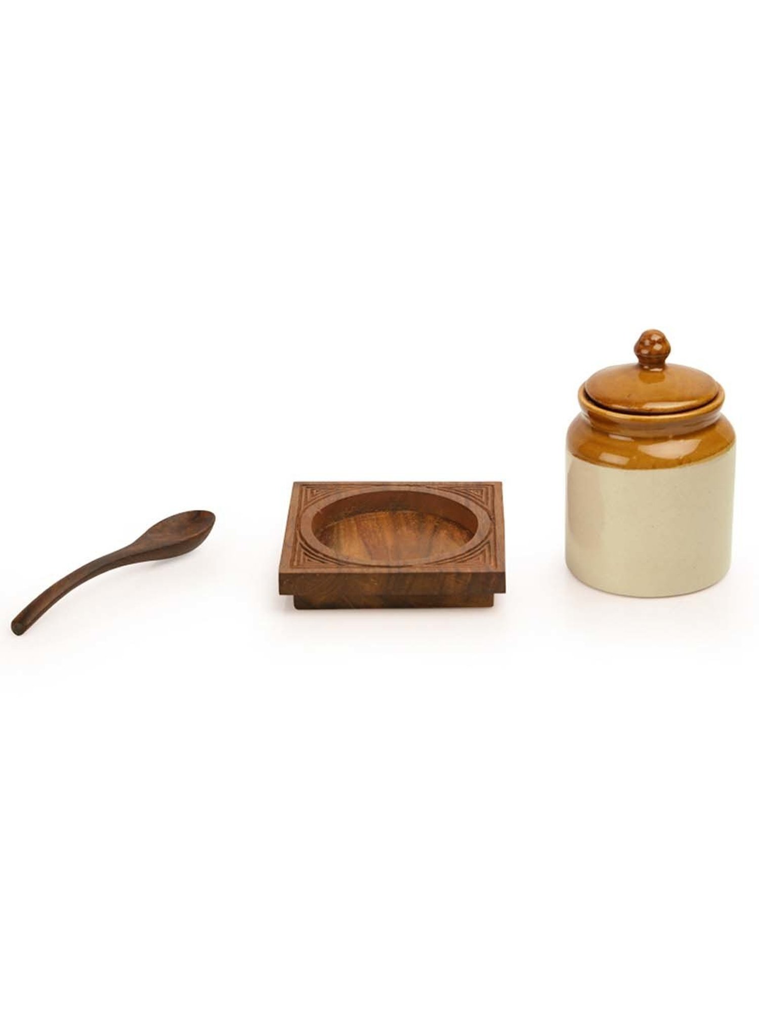 ExclusiveLane Old Fashioned Ceramic Jar With Hand Carved Tray