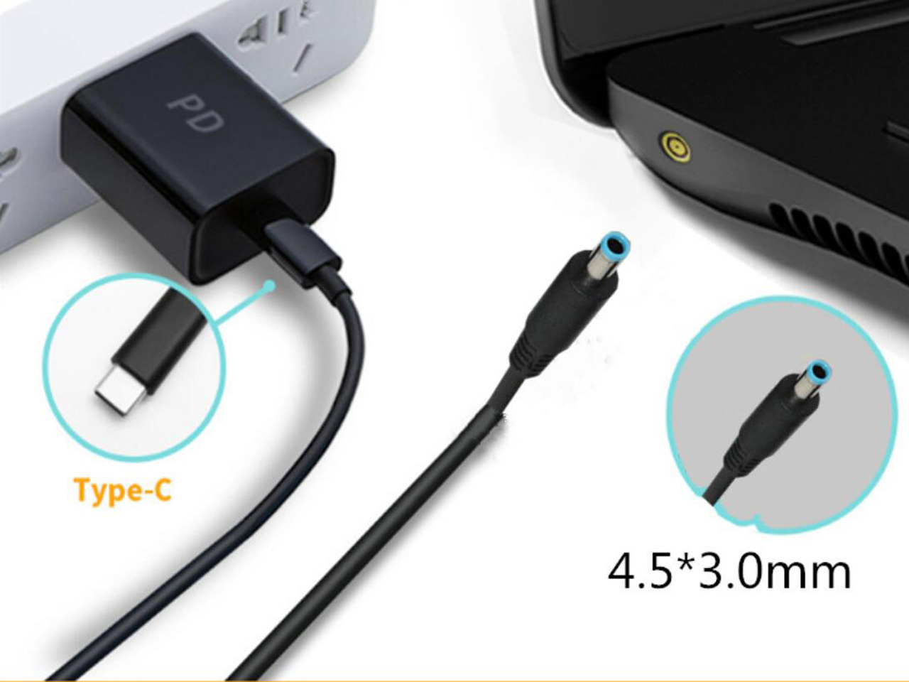 USB Type C PD Power Adapter Converter to 4.53.0 Dc Plug Charging Cable Cord for HP Stream 11 13 14 Split 13 x2 Laptop Charger