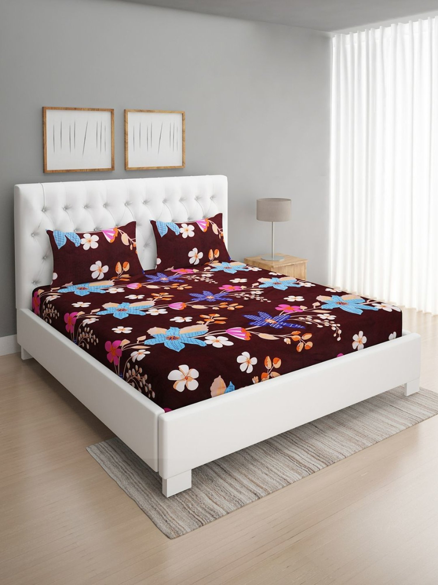 Romee Floral Maroon 144 TC Cotton Queen Sized Bed Sheet with 2 Pillow Covers