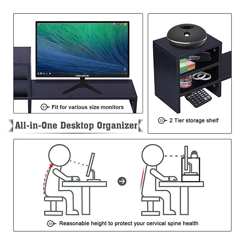 Monitor Stand Riser with 2Tier Storage Shelf 315 inch Desktop Organizer Computer Laptop PC Printer Telephone Stand for Office Dorm Home Space Saving Black