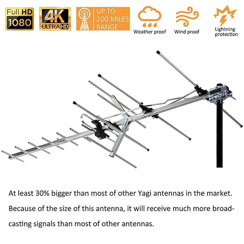 Newest 2020  Yagi Satellite HD TV Antenna up to 200 Mile Range Attic or Roof Mount TV Antenna Long Range Digital OTA Antenna for 4K 1080P Supports 4 TVs Installation Kit amp Mounting Pole