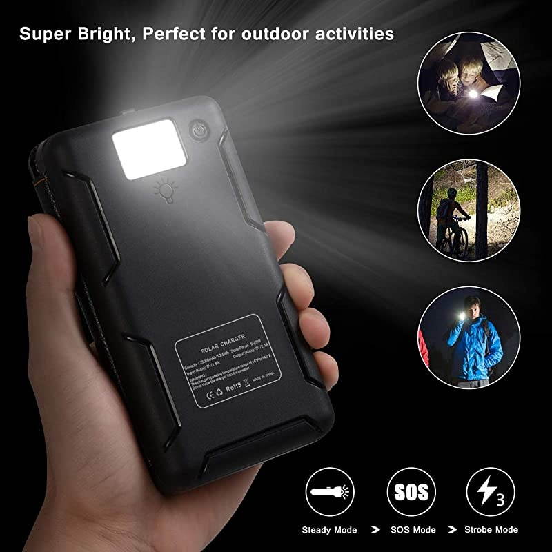 Solar Charger 25000mAh  Rainproof Power Bank with 4 Solar Panels Portable Battery Pack for iPhone, Samsung, Tablets and Smartphone