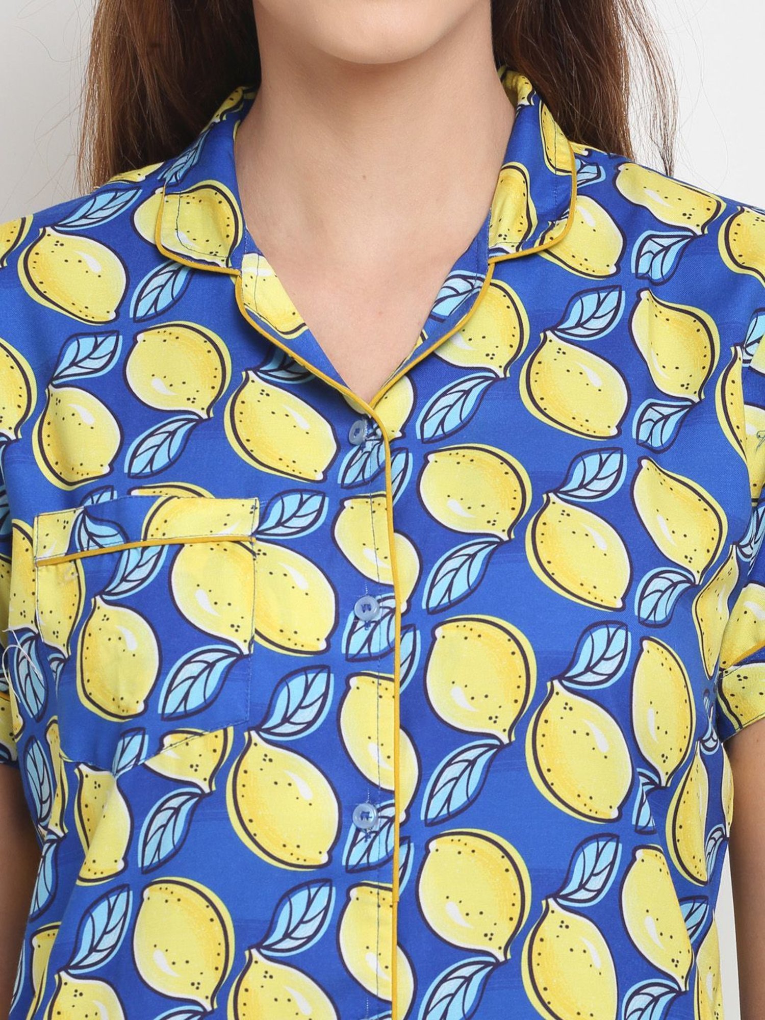 Erotissch Blue & Yellow Printed Shirt Pyjama Set