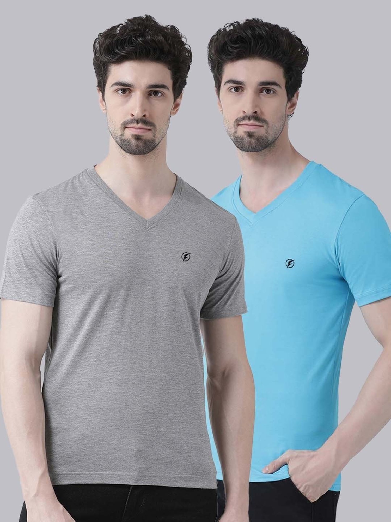 Friskers Grey & Turquiose Blue Cotton Slim Fit T-Shirt