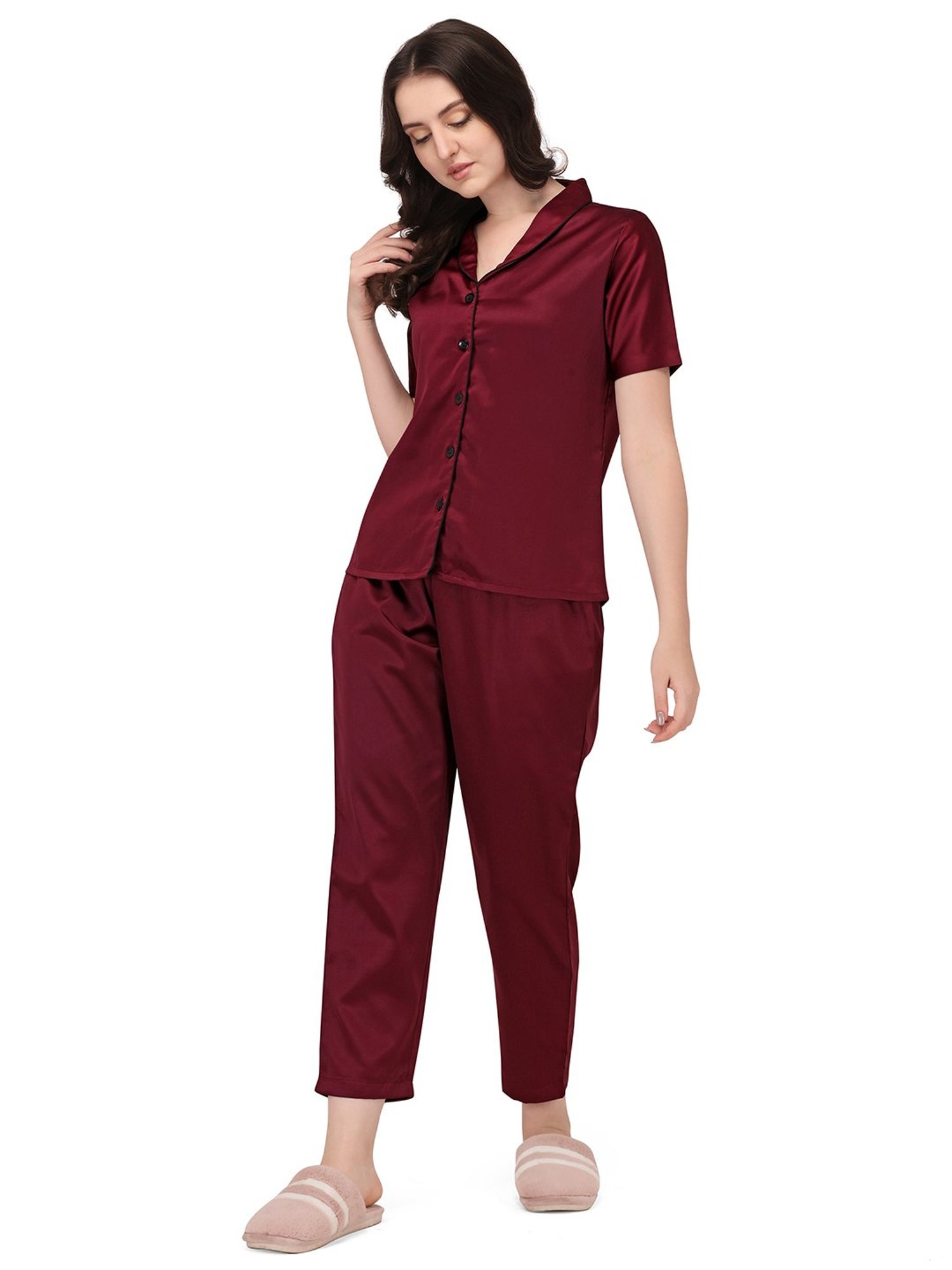 Smarty Pants Wine Satin  Shirt With Pyjamas